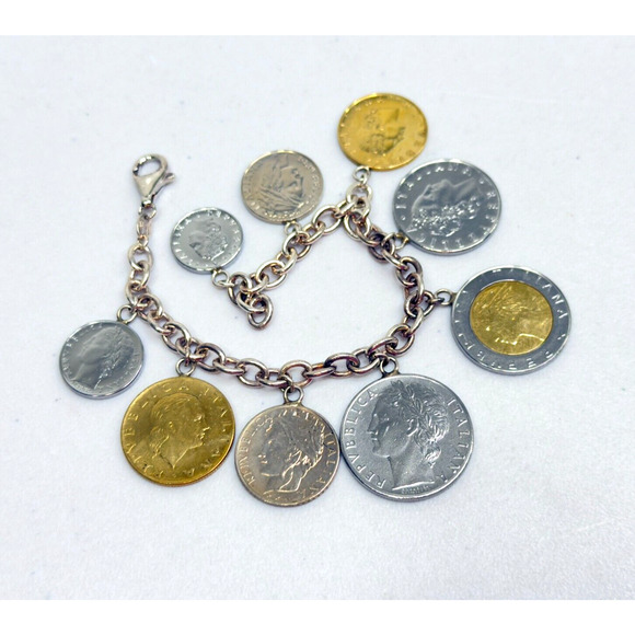 Milor Italy Coin Charm Bracelet Gold over 925 Sterling Silver Lire Money 8 inch - Picture 1 of 16